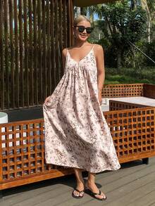 DAZY 度假风线条画植物印花无袖A字长款女士睡裙 - 粉色 - 查看 6