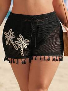 Swim Lushoire 加大码黑色单件针织椰子树装饰带流苏下摆女士泳裤短裤，春夏款 - 黑色 - 查看 7