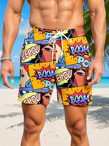 Manfinity Swimmode Men's Summer Beach Vacation Pop Art Print Drawstring Waist Slant Pocket Beach Shorts - Multicolor - View 3