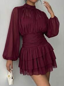 Aloruh Women's Elegant Multi-Layer Ruffle Trim Long Sleeve Fitted Mini Dress - Rose Red - View 7