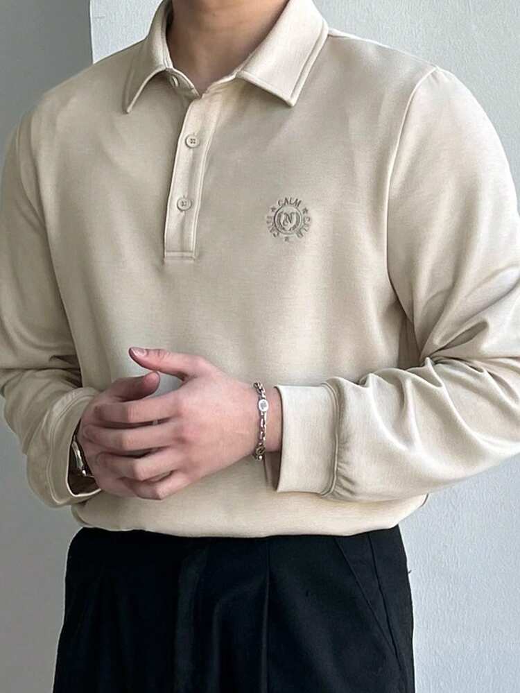 Men's Apricot Printed Half-Placket Long Sleeve Polo Shirt, Summer