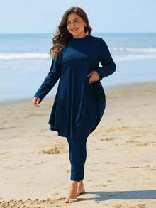 Swim Mulvari Plus Size Solid Color Tankini Swimwear For Summer Beach Vacation - Teal Blue - View 4
