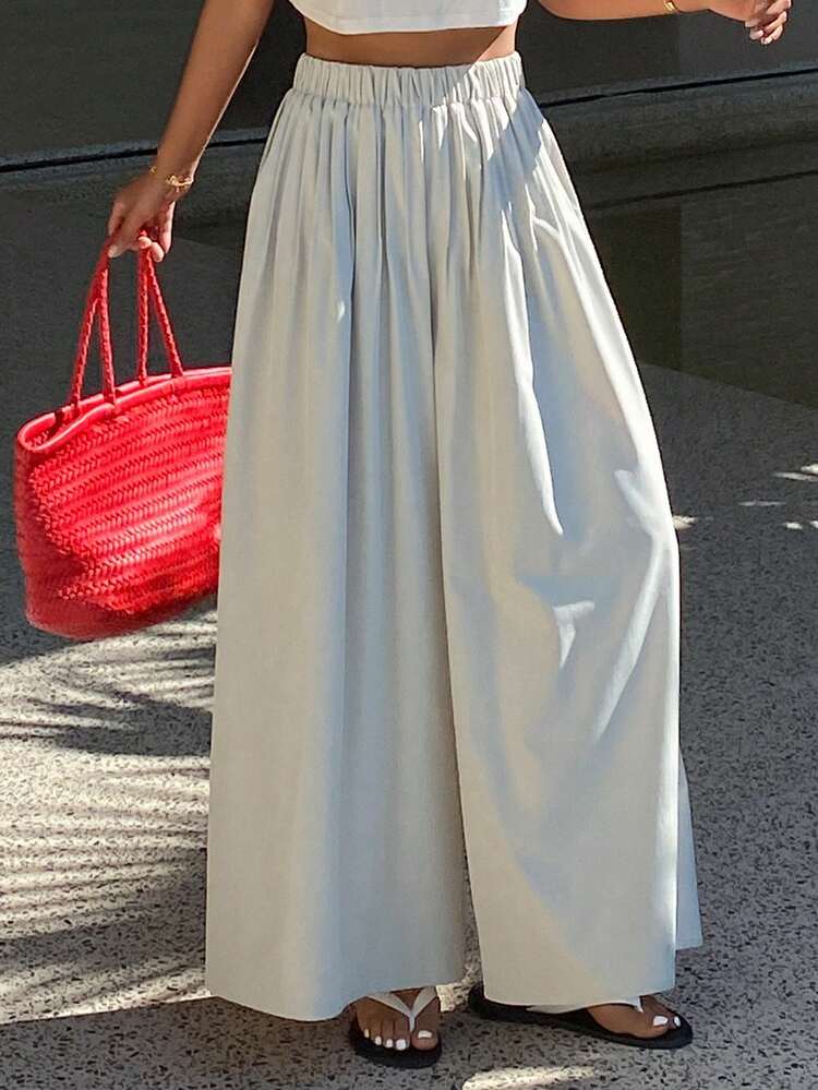 Women's Solid Color Pleated Cropped Pants, Casual Vacation Trousers For Spring & Autumn