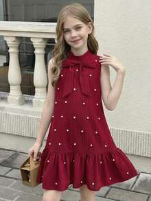 SHEIN Serisse Kids Girls Textured Fabric Beaded Bow Decor Mandarin Collar Sleeveless A-Line Dress, Tween Girl - Burgundy - View 9