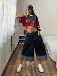 StreetHx Women's Versatile Casual Wide Leg Mid-Length Jeans - Dark Wash - View 4