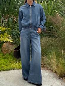 DAZY Women's Denim Jacket With Collar & Zipper And Loose Straight-Leg Jeans Casual Suit - Medium Wash - View 5