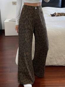 DAZY 女士常规腰围豹纹喇叭牛仔裤，休闲街头风 Y2K - 棕色 - 查看 3