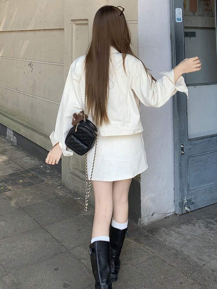 Women's Casual Solid Color Pocket Jacket And Denim Skirt 2-Piece Set, Spring/Autumn