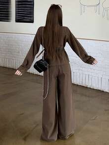 DAZY Women's Casual Solid Color Pocket Jacket And Wide Leg Jeans Set, Autumn/Winter - Brown - View 2