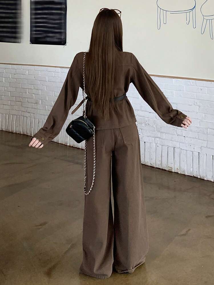 Women's Casual Solid Color Pocket Jacket And Wide Leg Jeans Set, Autumn/Winter