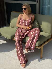 DAZY Floral All-Over Print Sleeveless V-Neck Jumpsuit Loungewear - Brown - View 3