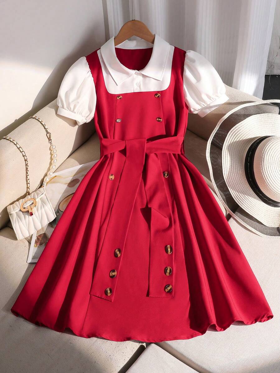 SHEIN ChillGRL 青少年纯色拼接短袖Polo领连衣裙 - 紅色 - 查看 1