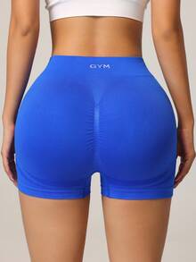 Dewbera Quần short thể thao cạp cao in chữ, co giãn, ôm dáng, thích hợp cho mùa hè. - Màu xanh lam - Xem 3