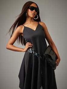 NYA SZN Pierre Skirt Denim High Waisted Rise Ruffle Detail Dark Wash Asymmetrical Fitted Bodycon Blue Festive Holiday Spring Break Easter Valentine's Day Winter Spring Summer Casual Everyday Streetwear Luxury Midi Length Outfits For Women - Black - View 3