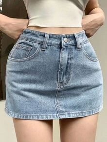 Pantalones cortos vaqueros versátiles y de moda para mujer, para primavera y verano, tipo falda-pantalón - Azul - Ver 5