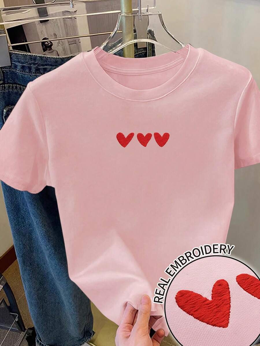 Resyla Women's Casual T-Shirt With Heart Embroidery, Suitable For New Year 2026, Christmas, Valentine's Day, Autumn - Dusty Pink - View 1