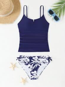 SHEIN 少女两件式泳衣套装，可爱蓝色碎花针织吊带背心和印花泳裤，时尚休闲优雅泳装，适合游泳、夏季度假、海滩、泳池派对 - 藍色 - 查看 3