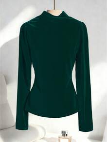 SHEIN Clasi Plus Size Women's Solid Color High Neck Bubble Sleeve Ruched Waist Elegant T-Shirt - Dark Green - View 2