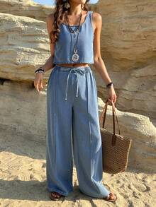 Dazy Tall 女士休闲牛仔套装：宽松圆领吊带背心和松紧腰直筒裤