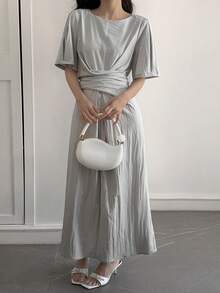 Livesso Đầm midi cổ tròn tối giản màu trơn dành cho nữ, đầm mùa hè mặc thường ngày thoải mái. - Xám - Xem 4