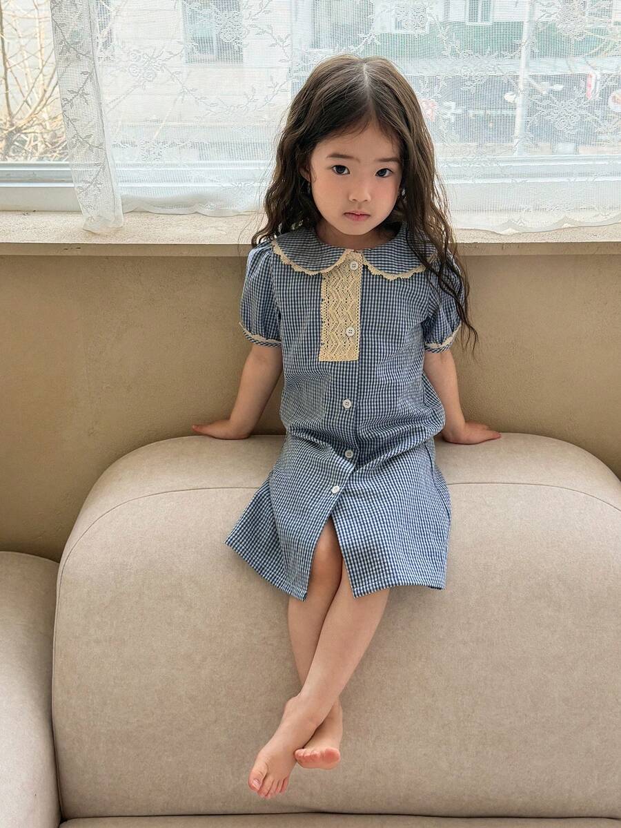 DAZY 女婴夏季格子印花彼得潘领撞色蕾丝泡泡袖宽松睡裙 - 藍色 - 查看 1