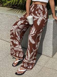 DAZY Botanical Print Loose Straight Leg Women Pajama Bottoms - Brown - View 4