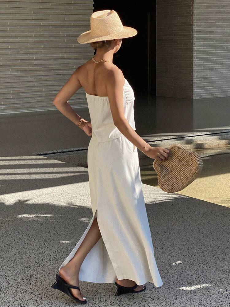 2pcs Women's Solid Color Fitted Pleated Bandeau A-Line Skirt Elegant Resort Wear Set, Spring/Summer