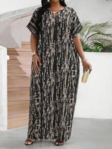 SHEIN Lady Vestido largo holgado de mujer con cuello en V, mangas cortas tipo murciélago y estampado total - Multicolor - Ver 5