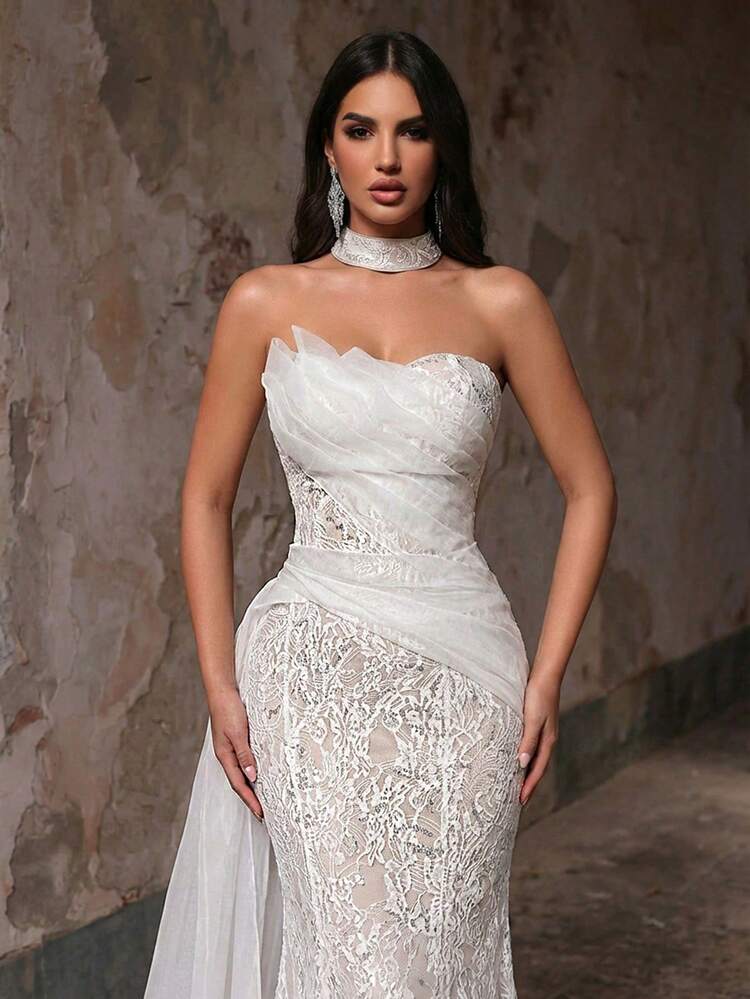 Elegant White Luxurious Faux Pearl Lace Sequin Strapless Gown With Unique Front Panel, Draped Side Cascading Ruffles, Fishtail Hem, Suitable For All Formal Occasions, Weddings, Bridal Gown, Valentine's Day - White - View 4