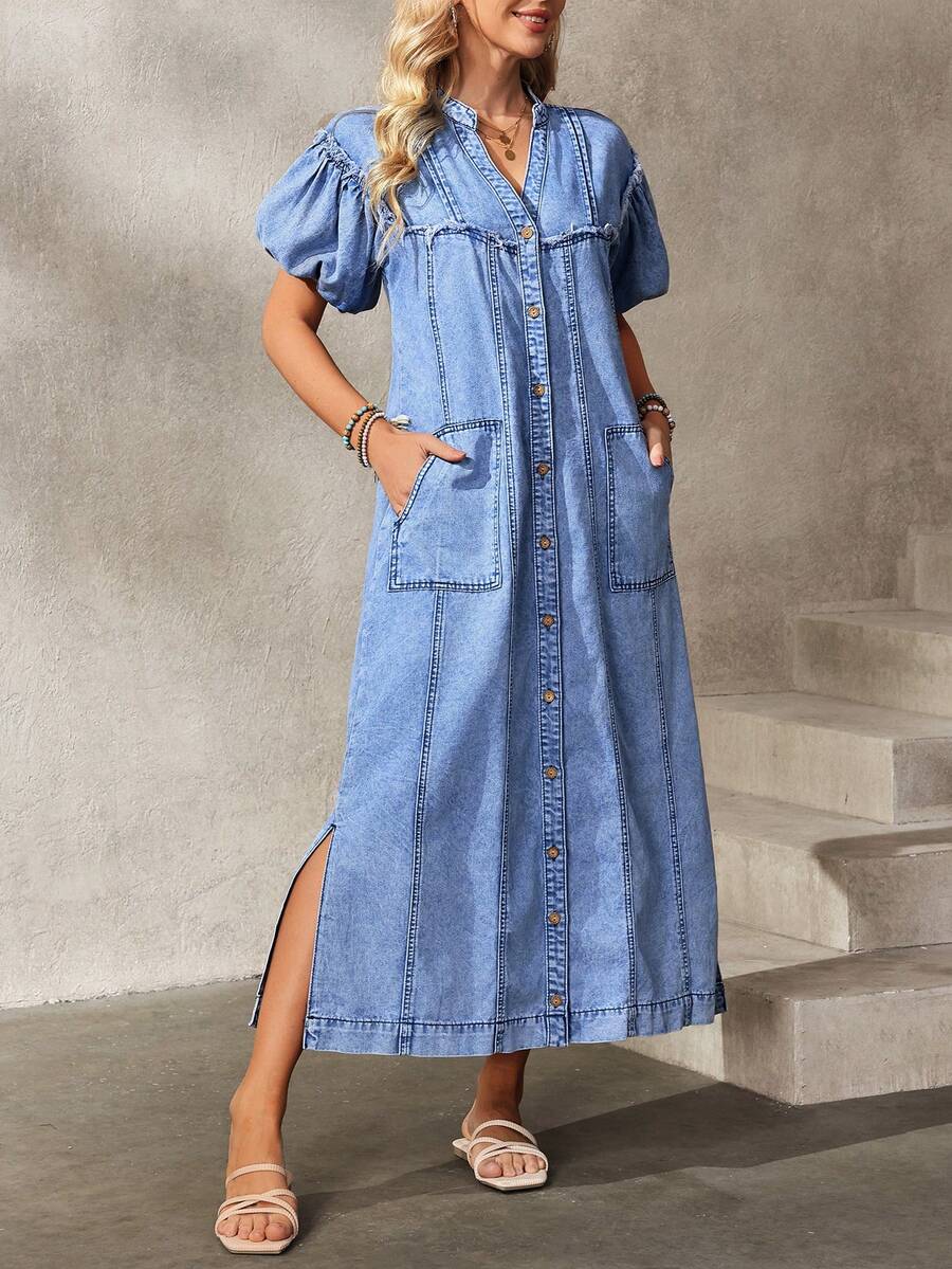 Breezaya Vestido de mezclilla holgado con cuello con muesca, mangas abultadas, bolsillo con abertura y botones, para uso casual y diario, verano - Azul - Ver 1