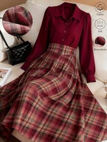 GlowEve Women's Burgundy Plaid Patchwork Design Shirt-Style Waist Cinched A-Line Elegant Everyday French Casual Commute Fashion Retro Versatile Christmas New Year Holiday Business Burgundy Long Sleeve Dress, Autumn/Winter