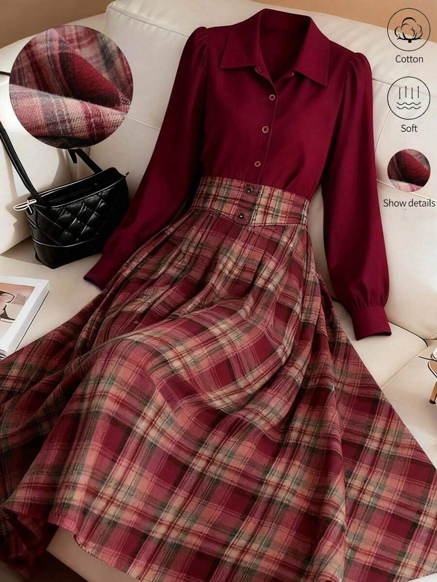GlowEve Women's Burgundy Plaid Patchwork Design Shirt-Style Waist Cinched A-Line Elegant Everyday French Casual Commute Fashion Retro Versatile Christmas New Year Holiday Business Burgundy Long Sleeve Dress, Autumn/Winter