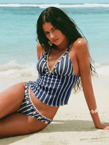 Swim Chiccia Women's Summer Beach Vacation Striped Shell Decor Halter Tankini Set - Navy Blue - View 8