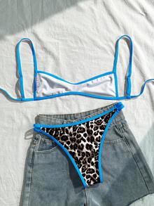SHEIN Swim Mod 女士撞色饰边豹纹细肩带时尚夏季比基尼套装 - 藍色 - 查看 2