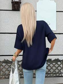 DAZY 女士字母蝴蝶印花宽松圆领落肩T恤 - 藏蓝色 - 查看 6