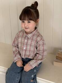 DAZY 女童格子衬衫，长袖休闲卡通领棉质宽松上衣外套 - 粉色 - 查看 6