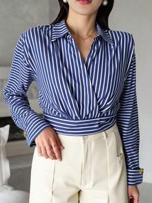 DAZY Women's Elegant Striped Collared Shirt, Autumn - Blue - View 7