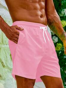 Zalmeno 男士纯色抽绳腰带口袋沙滩短裤 - 淺粉色 - 查看 6