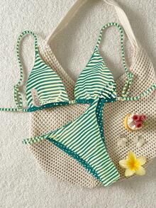 Swim Mod 2件套女士双面条纹波点印花休闲比基尼泳衣套装 - 綠色 - 查看 4