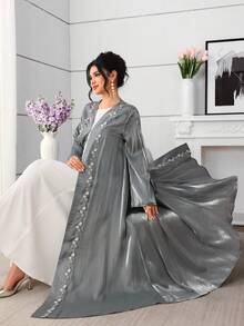 SHEIN Najma Lace Trim Patchwork Long Sleeve Flared Women's Abaya - Dark Grey - View 9