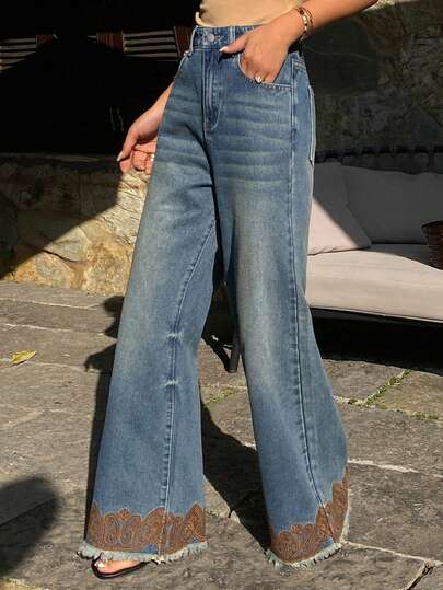 DAZY Women's Elegant Western Cowgirl Distressed Patchwork Floral Trim Flared Jeans, Suitable For Spring And Autumn Y2k