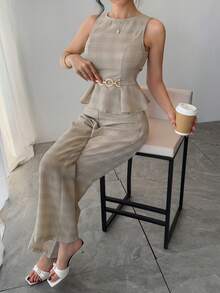 DAZY Women's Casual Commuter Striped Ruffle Hem Top And Pants Set, Summer - Apricot - View 8