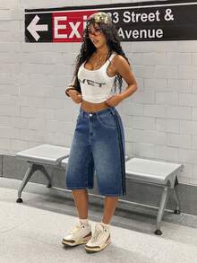 StreetHx 时尚休闲拼接条纹低腰牛仔短裤 - 中等水洗藍 - 查看 5