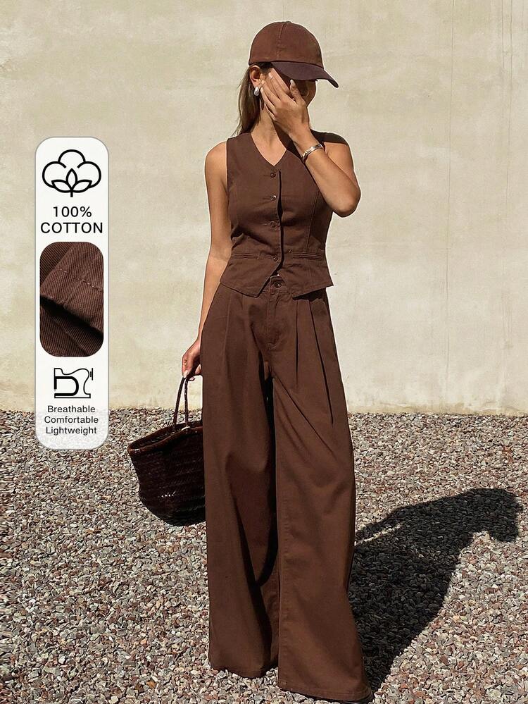 Women's V-Neck Sleeveless Denim Vest And Straight Leg Jeans Casual Denim Suit