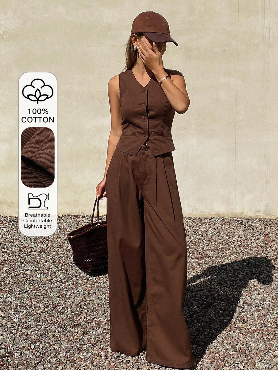 DAZY Women's V-Neck Sleeveless Denim Vest And Straight Leg Jeans Casual Denim Suit - Brown - View 1