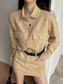 DAZY Women's Collared Half-Zip Waist Decor Short Casual Denim Dress - Khaki - View 7