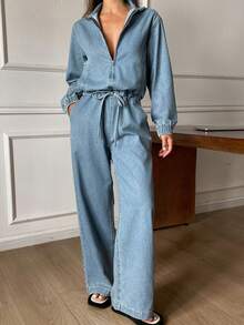 DAZY Women's Lapel Half-Zip Waist Tie Loose Straight Leg Jeans Jumpsuit & Overalls - Medium Wash - View 3
