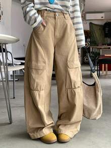 DAZY Quần jeans nữ ống đứng dáng rộng, cạp универсальный, có túi trang trí, kiểu dáng đường phố thường ngày. - Màu Khaki - Xem 3