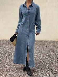 Livesso Spring & Summer Loose Business Casual Fashion Office Wear Design Waist Cinched Denim Midi Dress With Large Pockets, Outdoor Street Style Long Top, Women Denim Jacket And Coat - Medium Wash - View 7