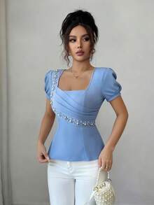 SHEIN Elenzya 不对称褶皱腰身珍珠装饰优雅浪漫女式衬衫 - 淺藍色 - 查看 6